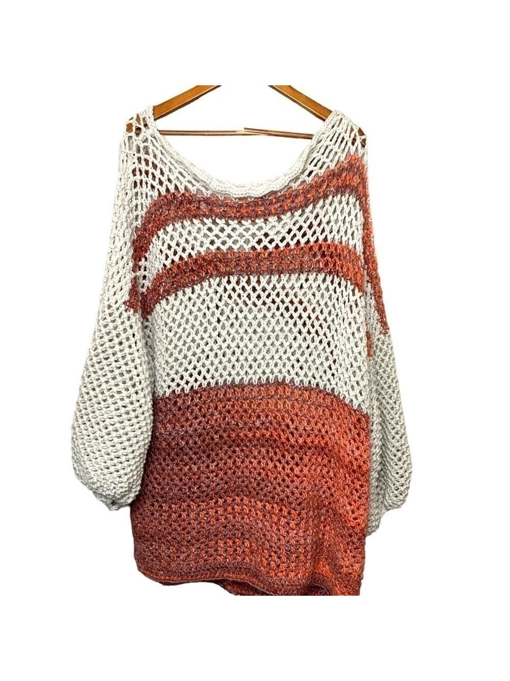 Handmade Chunky Heavy Knit Cardigan Sweater Beige Rust Brown Boho Slouchy O/S - Picture 3 of 9
